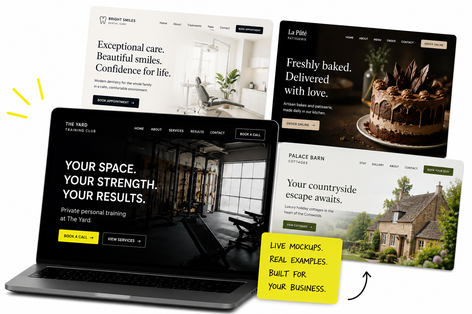 Sorted website mockups displayed around a laptop website preview.