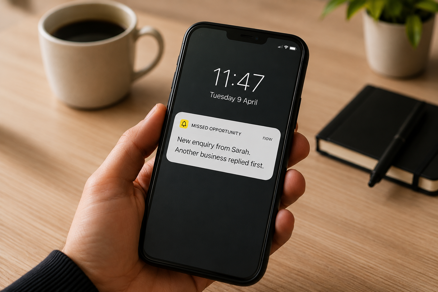 A phone showing a missed opportunity notification after another business replied first.